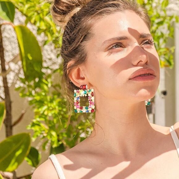 Yellow Gold with Multicolored Crystal Geometric Square Post Back Drop Earrings
